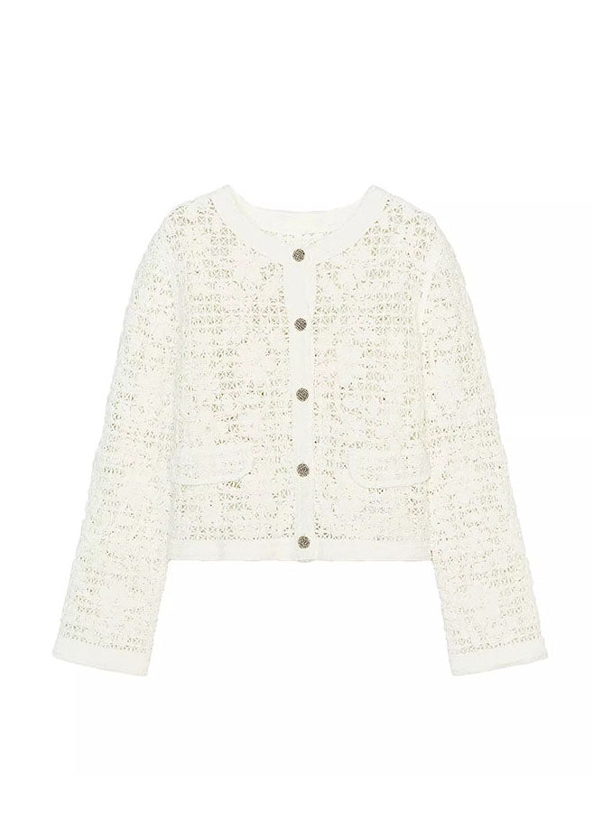 Italian White O Neck Button Hollow Out Cotton Short Coat Fall