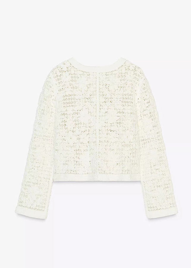 Italian White O Neck Button Hollow Out Cotton Short Coat Fall