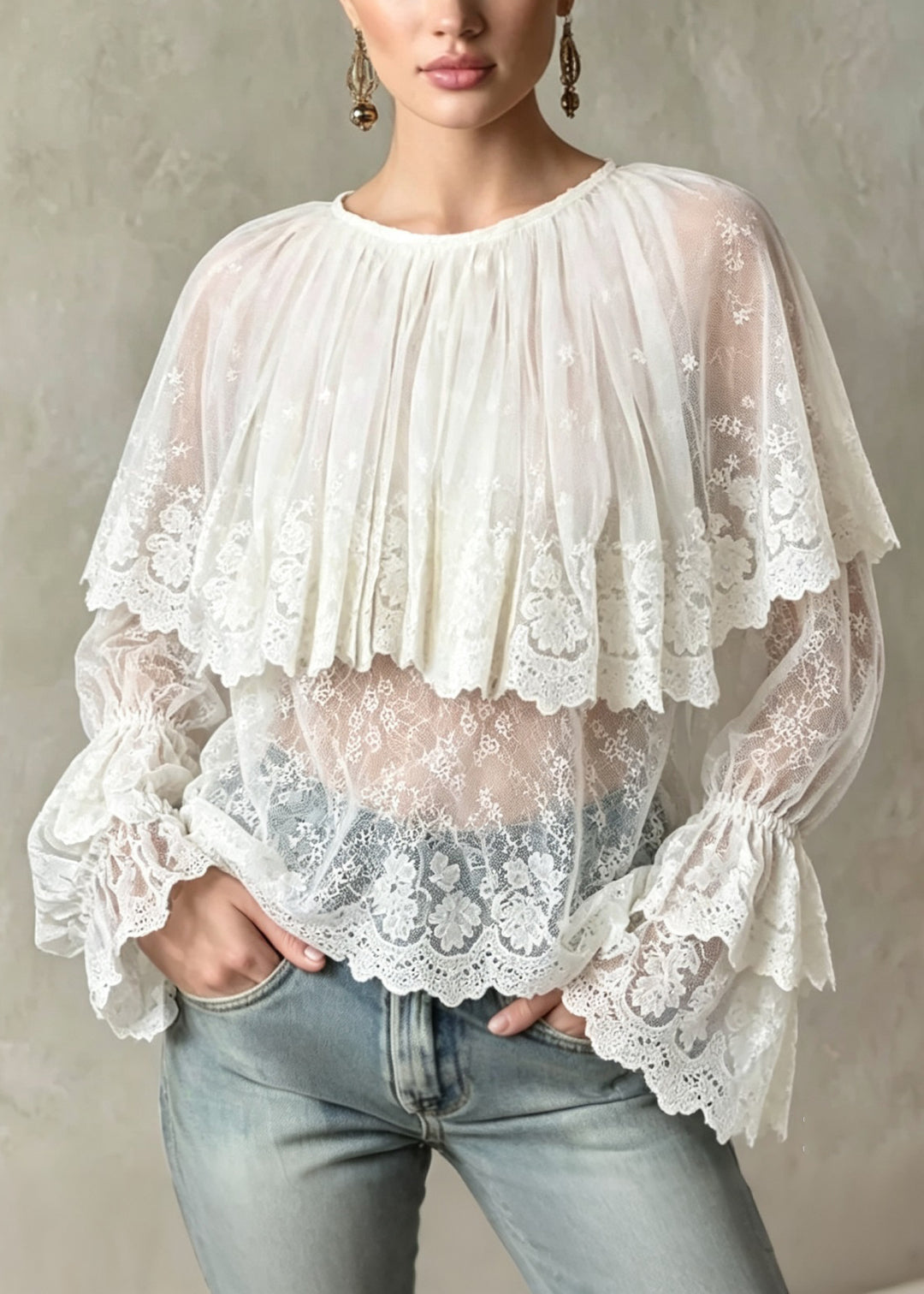 Italian White O Neck Embroidered Patchwork Lace Tops Flare Sleeve