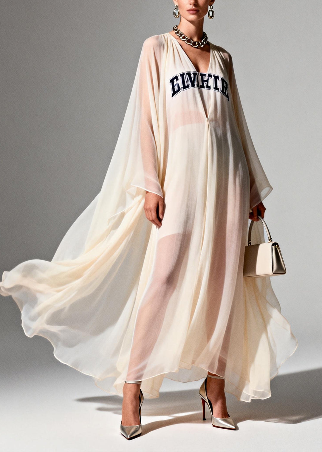 Italian White Oversized Letter Print Chiffon Vacation Dresses Summer