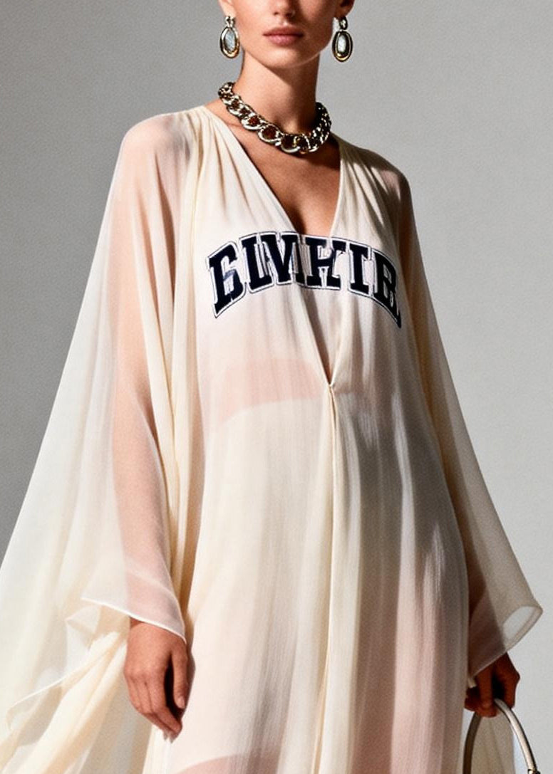 Italian White Oversized Letter Print Chiffon Vacation Dresses Summer
