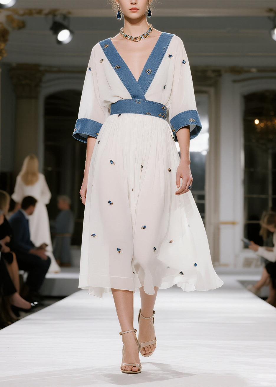 Italian White Patchwork Denim Print Chiffon Long Dresses Summer