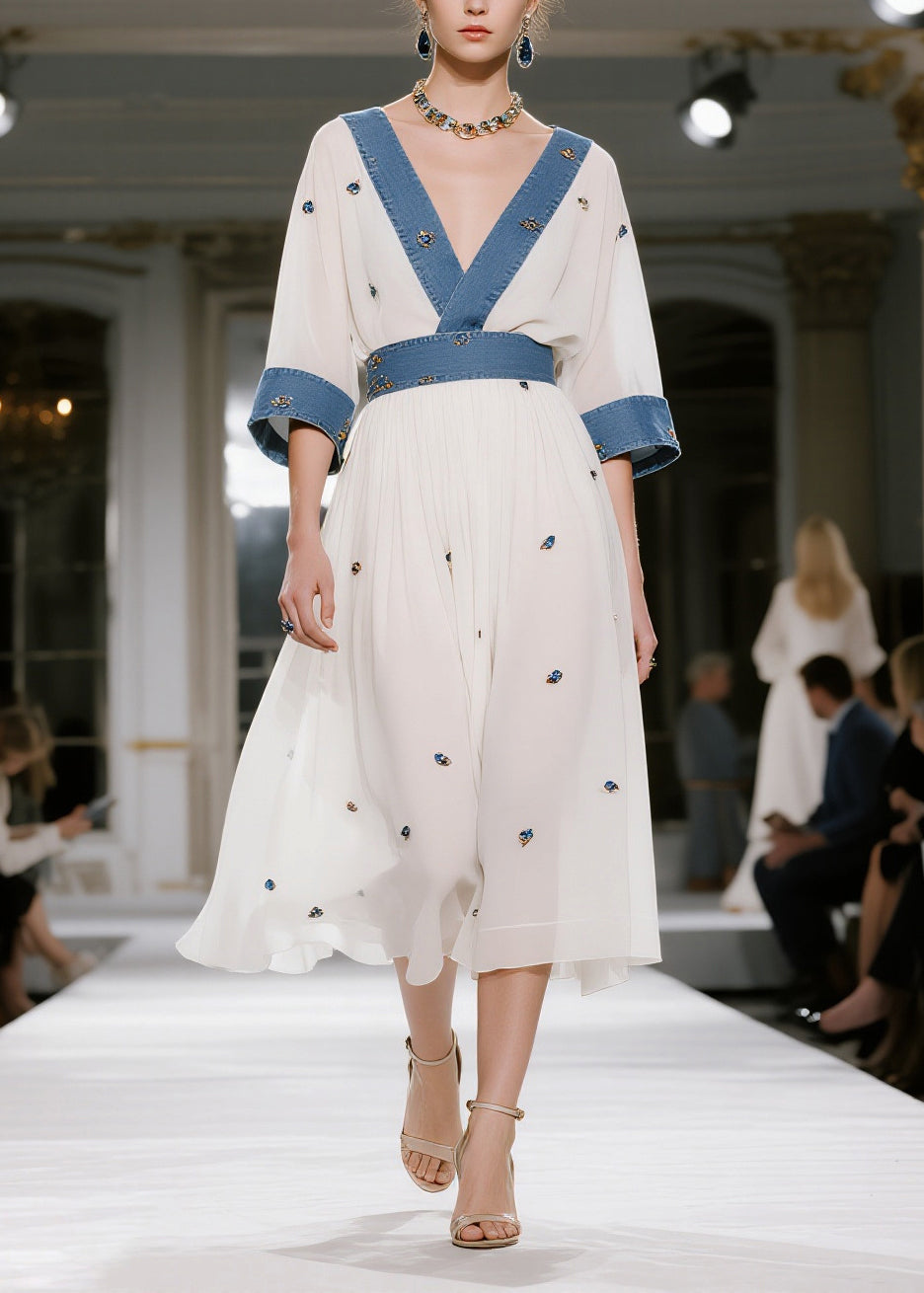 Italian White Patchwork Denim Print Chiffon Long Dresses Summer