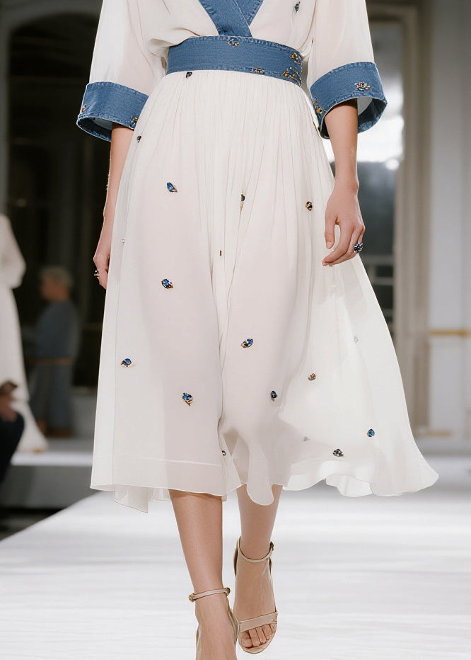 Italian White Patchwork Denim Print Chiffon Long Dresses Summer
