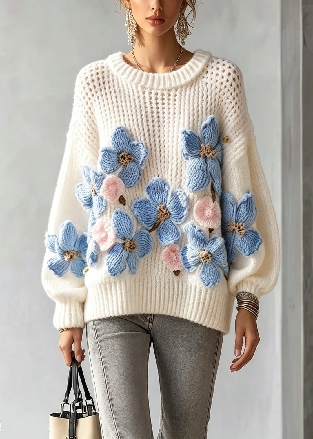Italian White Print Cotton Knit Sweaters Fall