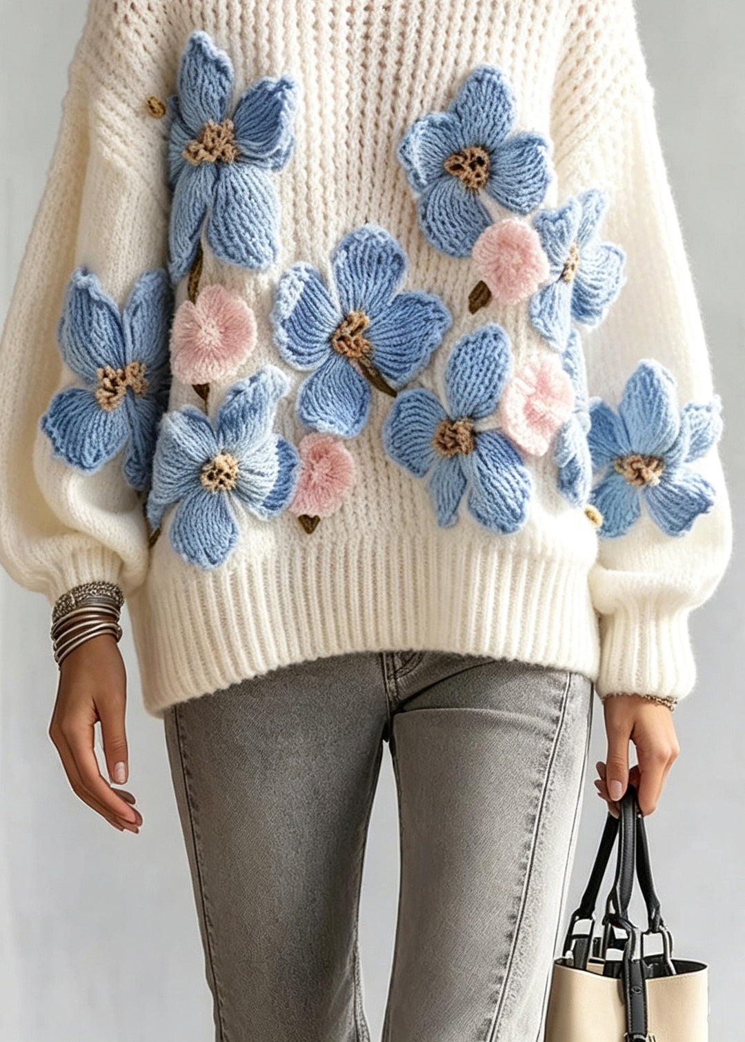 Italian White Print Cotton Knit Sweaters Fall
