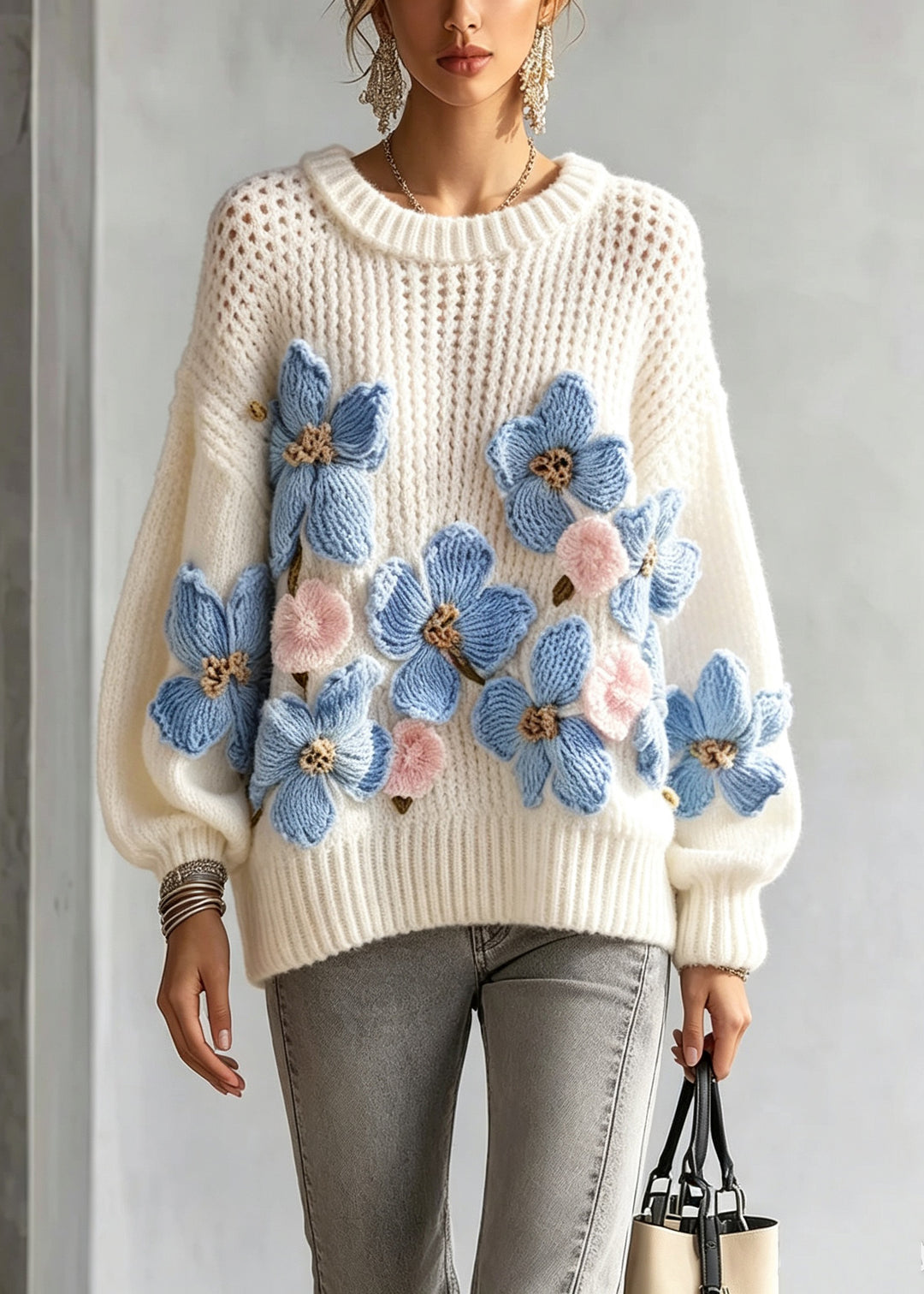 Italian White Print Cotton Knit Sweaters Fall
