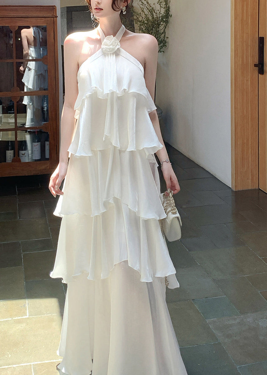Italian White Ruffled Cold Shoulder Chiffon Halter Dress Summer – Omychic