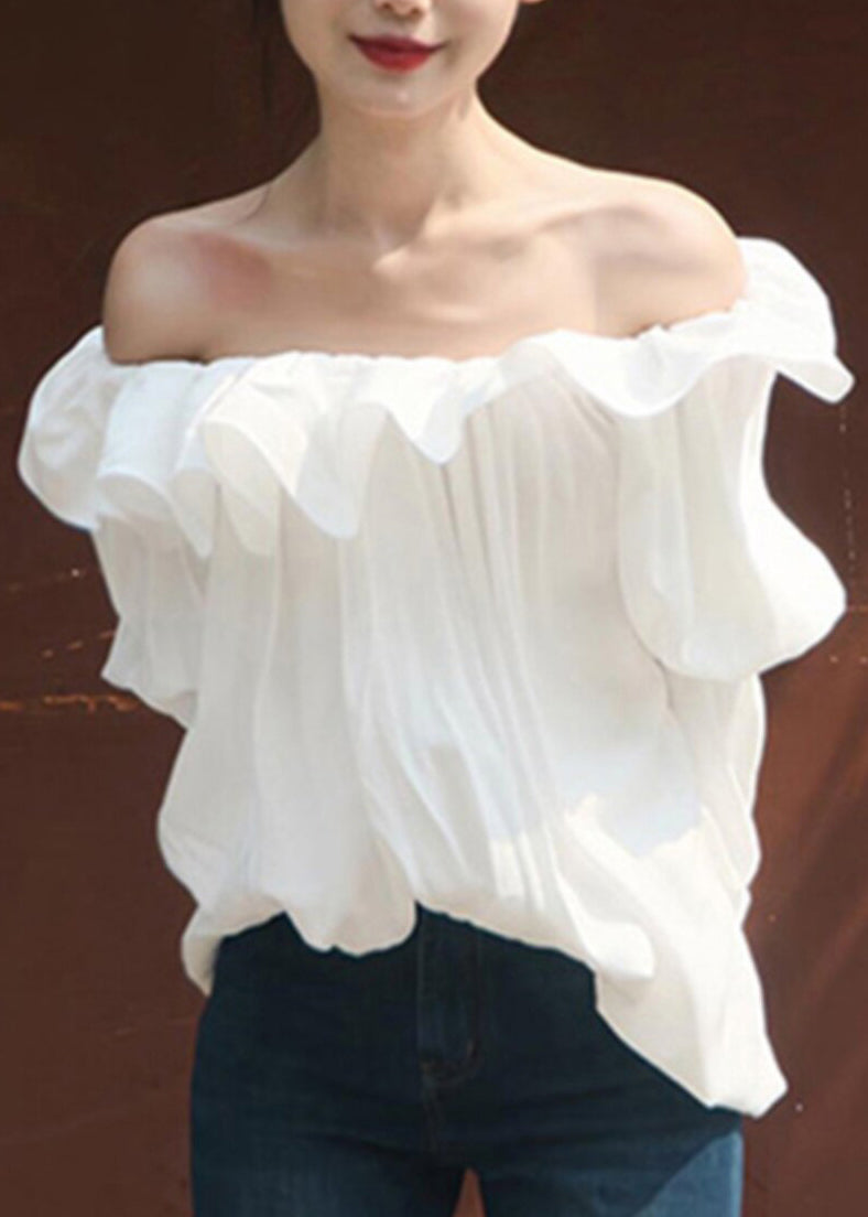 Italian White Ruffled Cold Shoulder Tops Summer