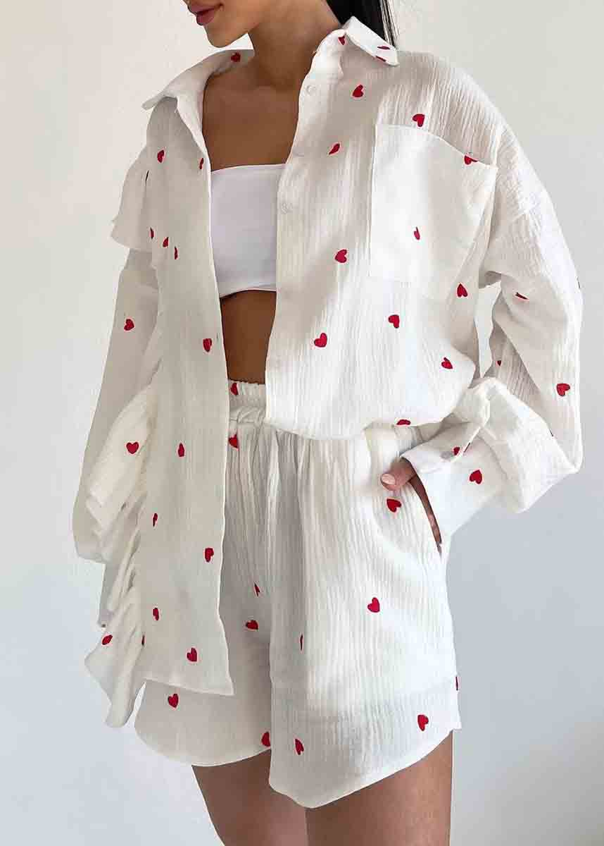 Italian White Ruffled Love Print Cotton Pajamas Two Pieces Set Summer