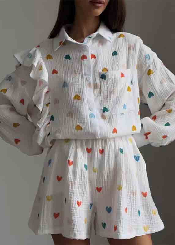 Italian White Ruffled Love Print Cotton Pajamas Two Pieces Set Summer