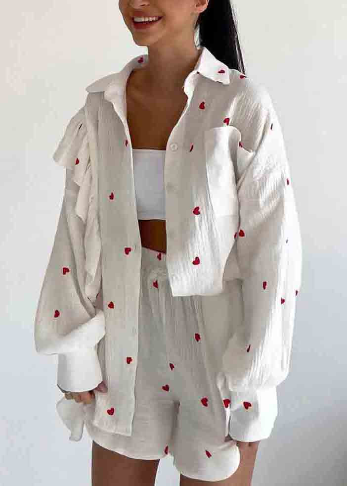 Italian White Ruffled Love Print Cotton Pajamas Two Pieces Set Summer