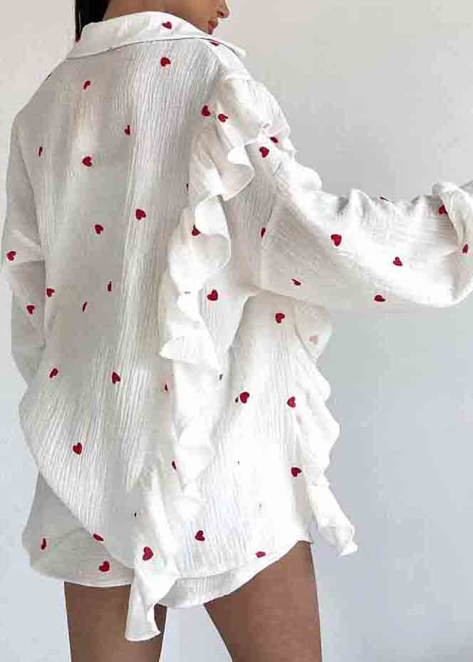 Italian White Ruffled Love Print Cotton Pajamas Two Pieces Set Summer