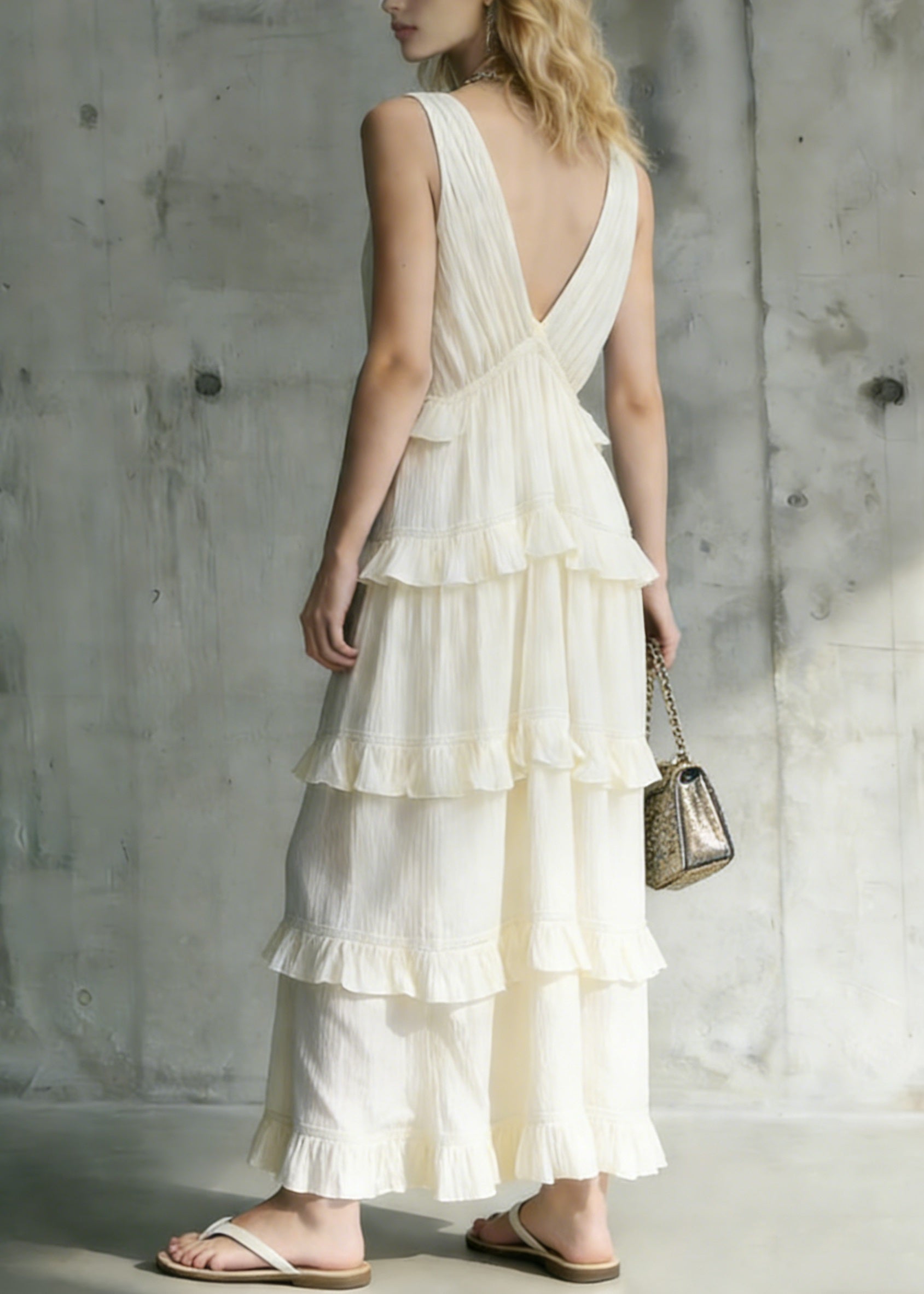 Italian White Ruffled Patchwork Cotton Long Dresses Summer - Omychic