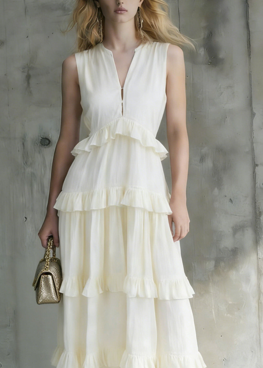 Italian White Ruffled Patchwork Cotton Long Dresses Summer - Omychic