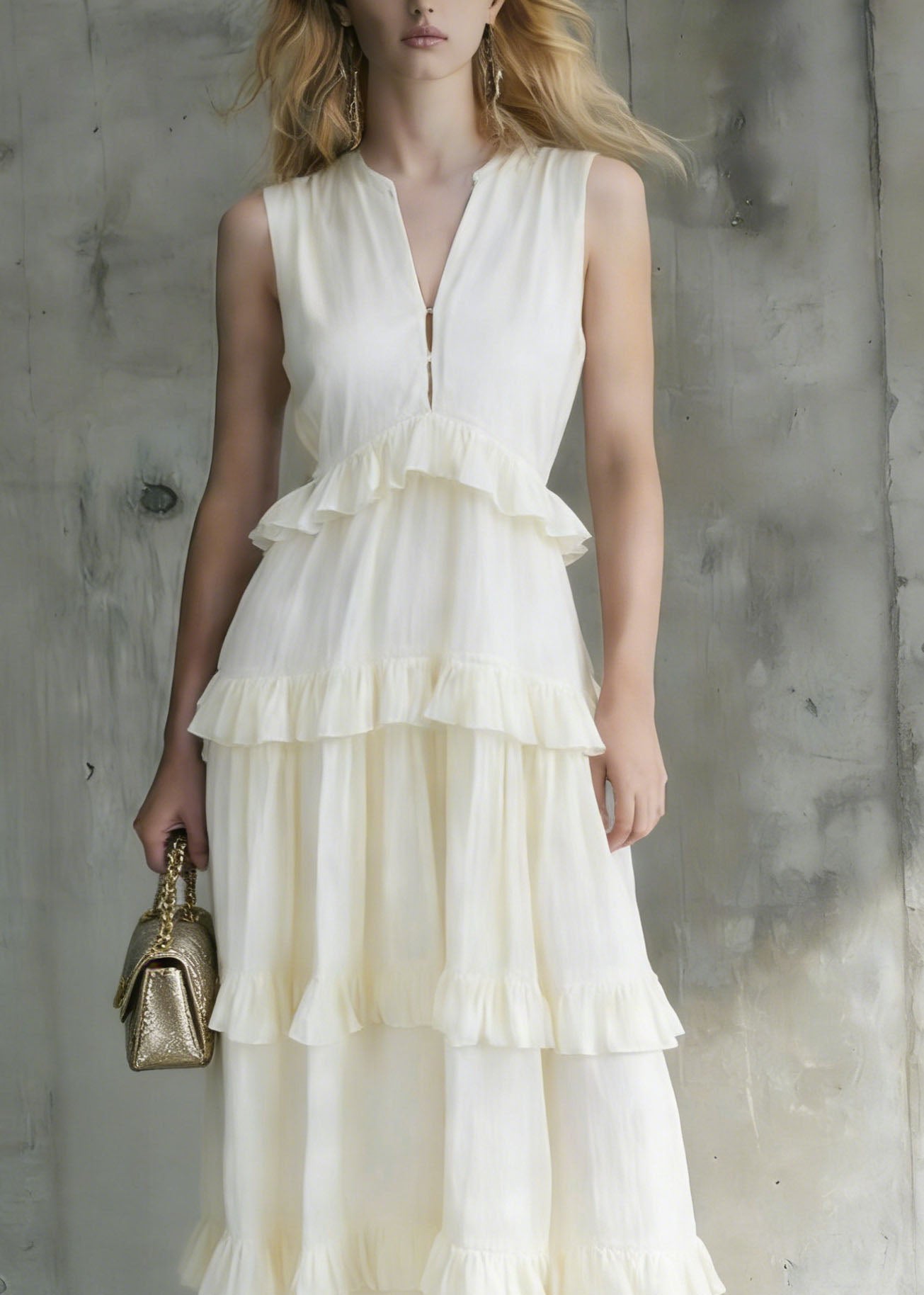 Italian White Ruffled Patchwork Cotton Long Dresses Summer - Omychic