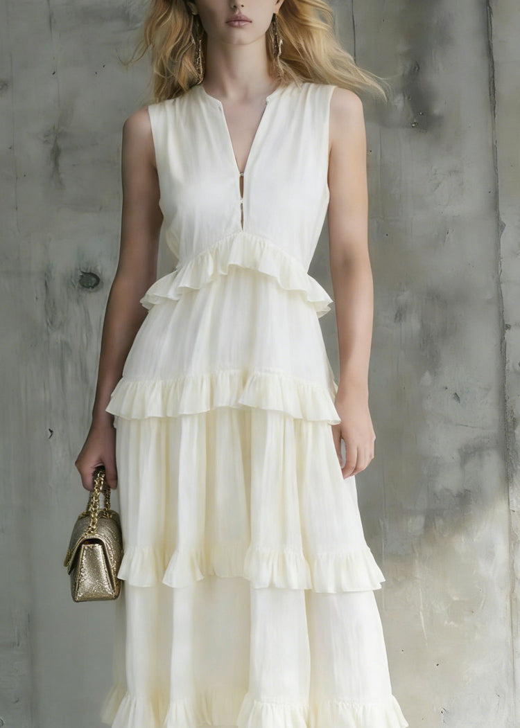 Italian White Ruffled Patchwork Cotton Long Dresses Summer - Omychic