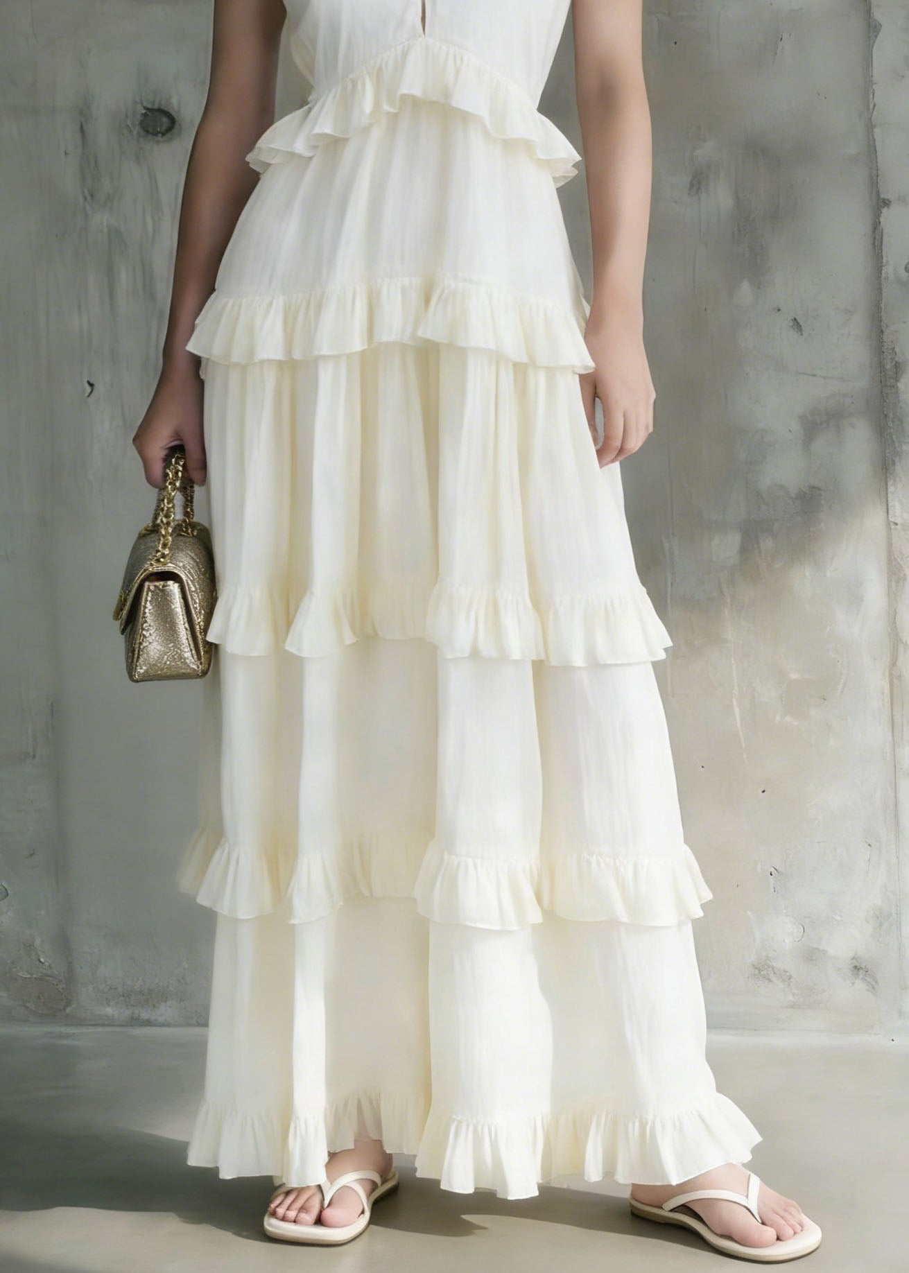 Italian White Ruffled Patchwork Cotton Long Dresses Summer - Omychic