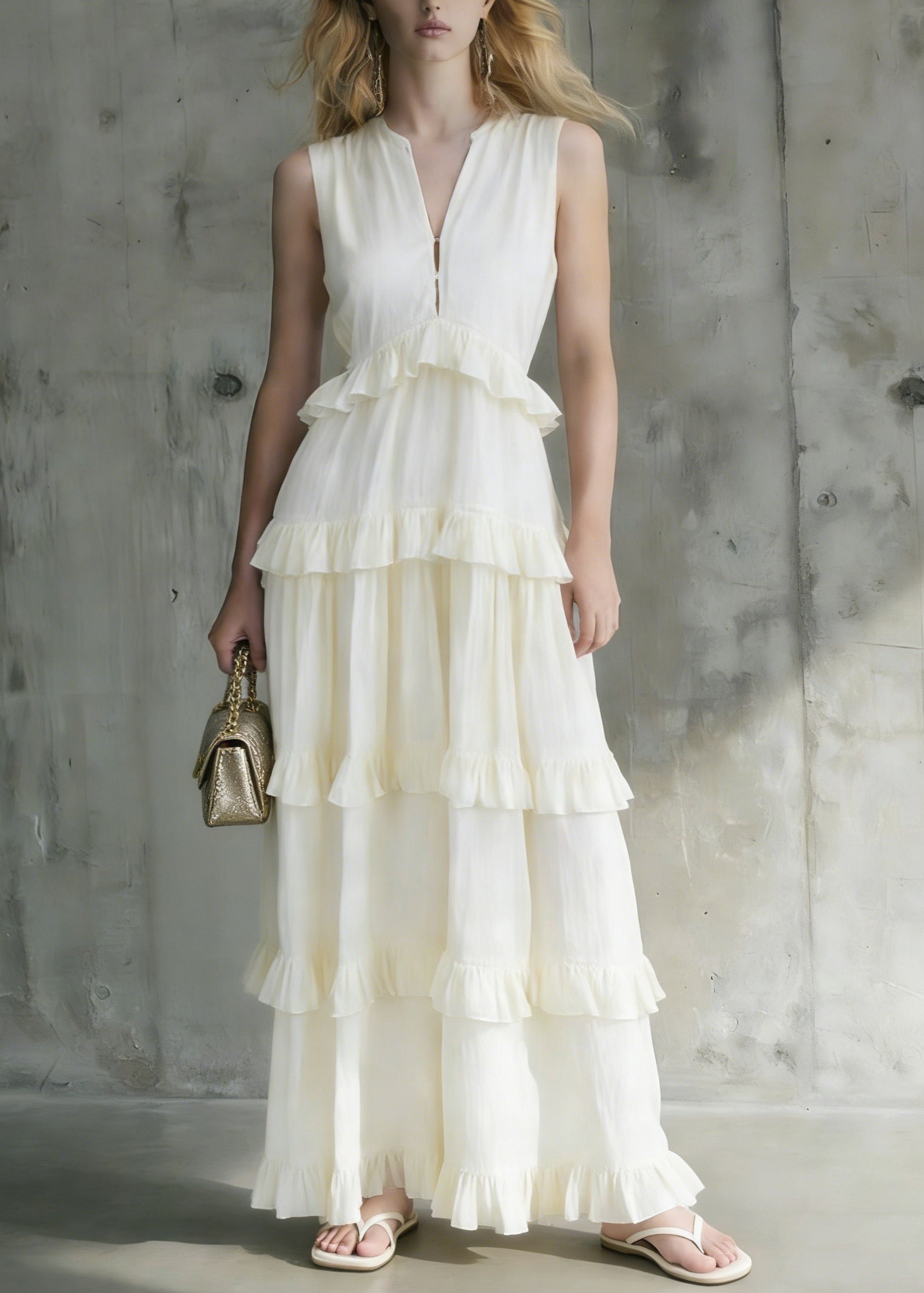 Italian White Ruffled Patchwork Cotton Long Dresses Summer - Omychic