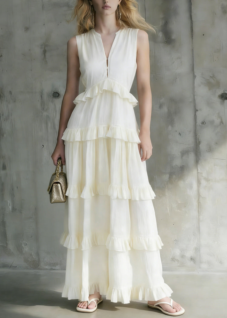 Italian White Ruffled Patchwork Cotton Long Dresses Summer - Omychic