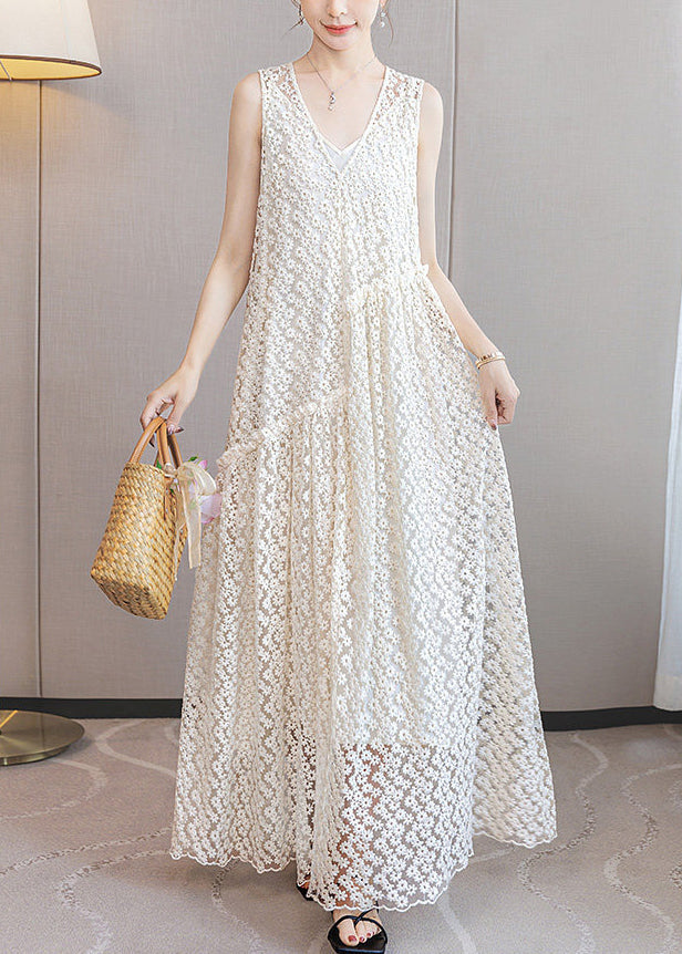 Italian White Ruffled Patchwork Lace Long Dresses Sleeveless