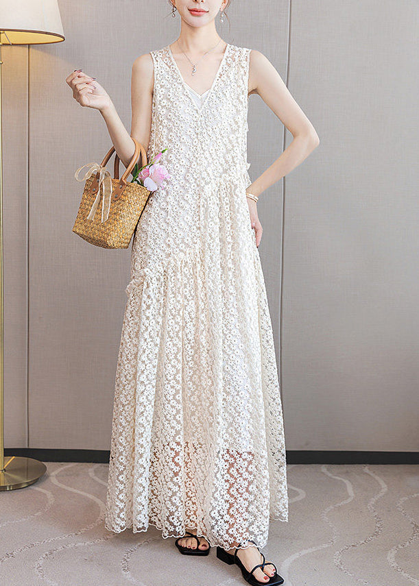 Italian White Ruffled Patchwork Lace Long Dresses Sleeveless