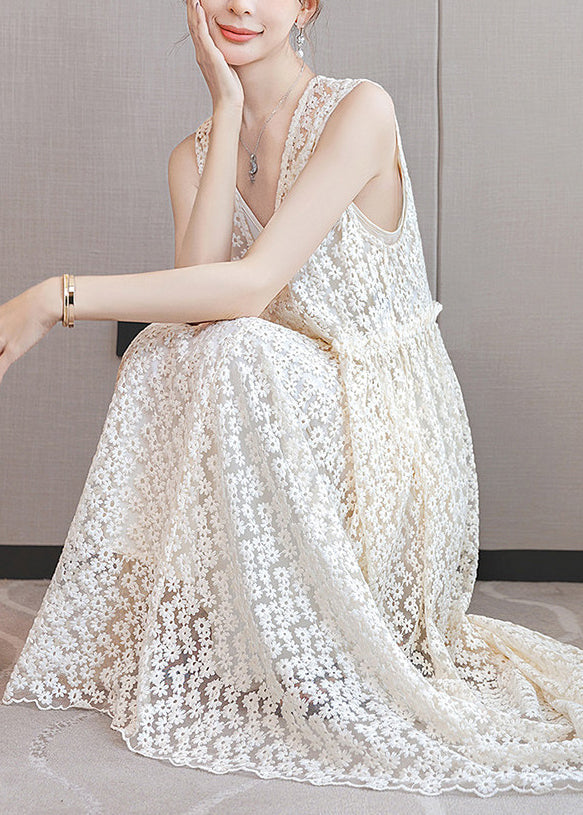 Italian White Ruffled Patchwork Lace Long Dresses Sleeveless
