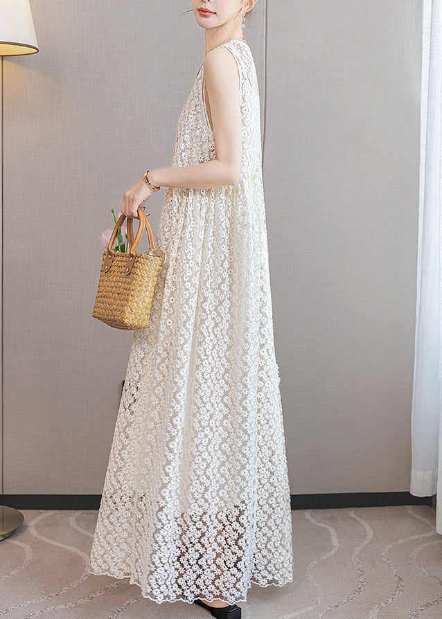 Italian White Ruffled Patchwork Lace Long Dresses Sleeveless