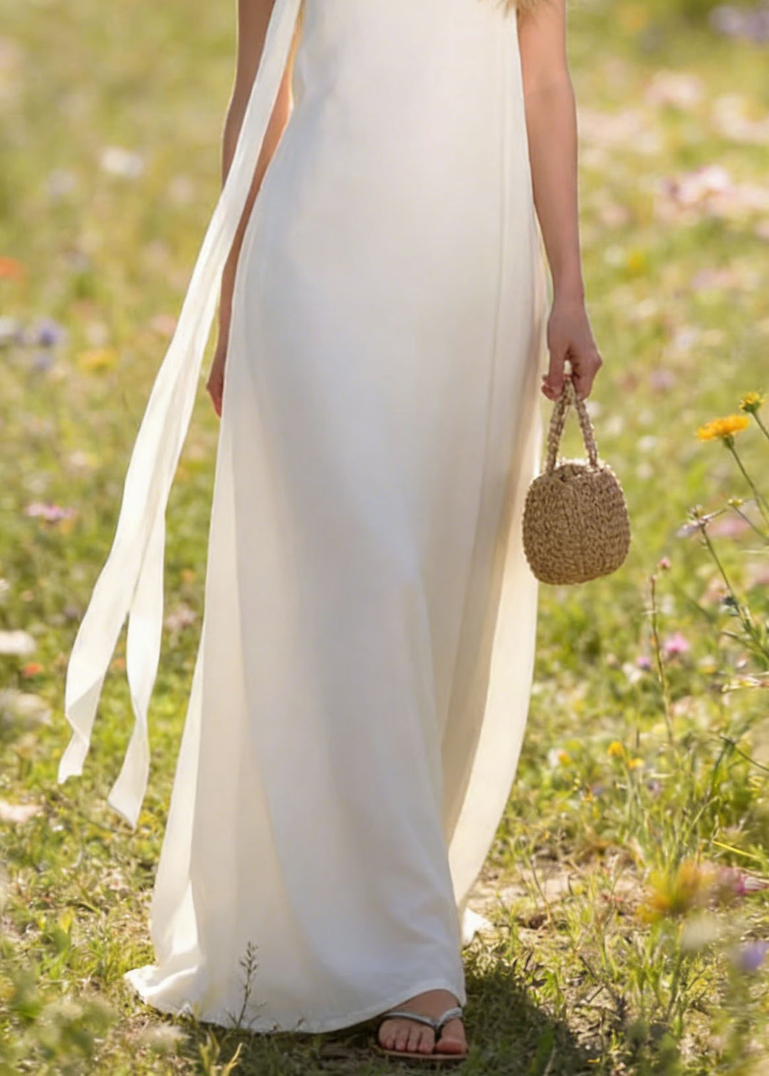 Italian White Simple Chiffon Spaghetti Strap Dress Summer - Omychic