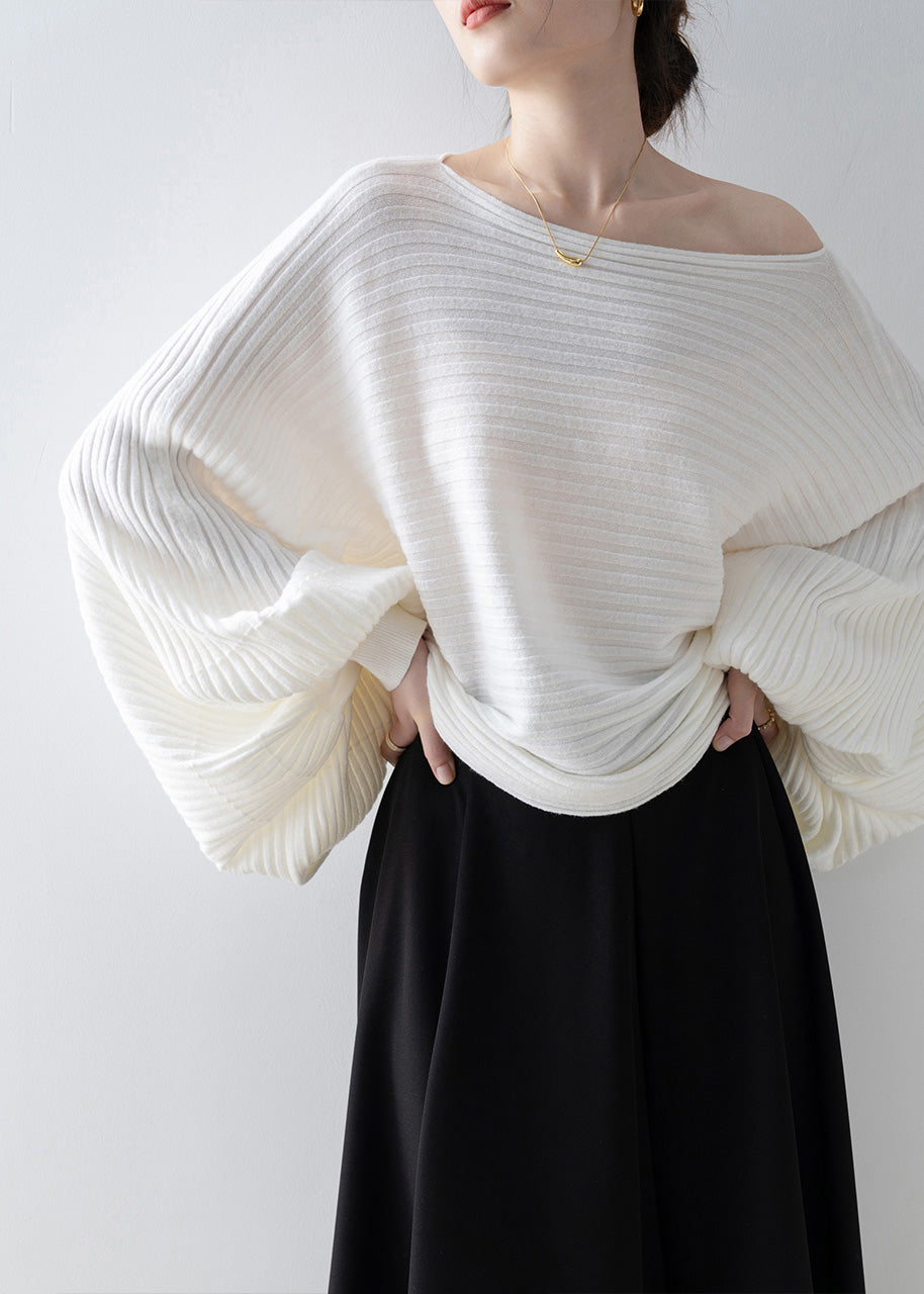 Italian White Slash Neck Knit Sweater Tops Batwing Sleeve