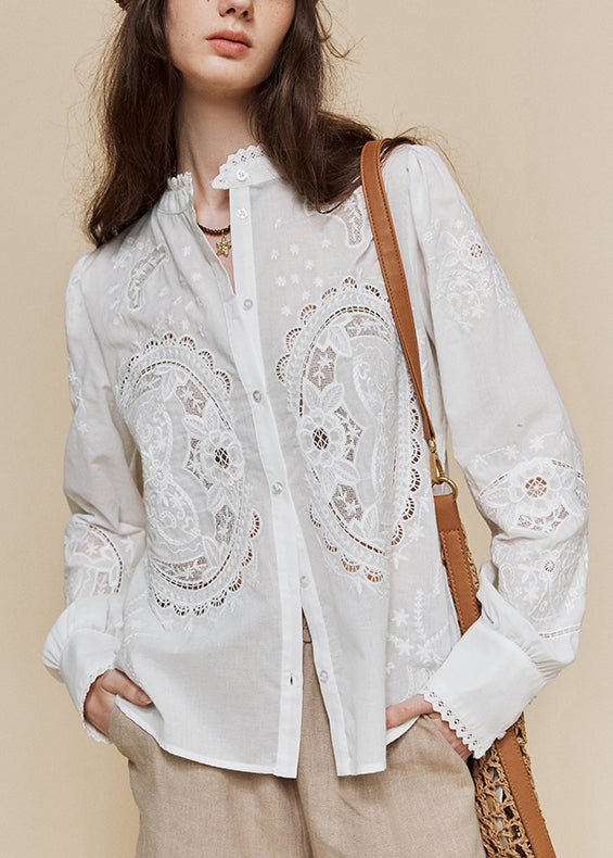Italian White Stand Collar Embroidered Cotton Shirt Top Fall