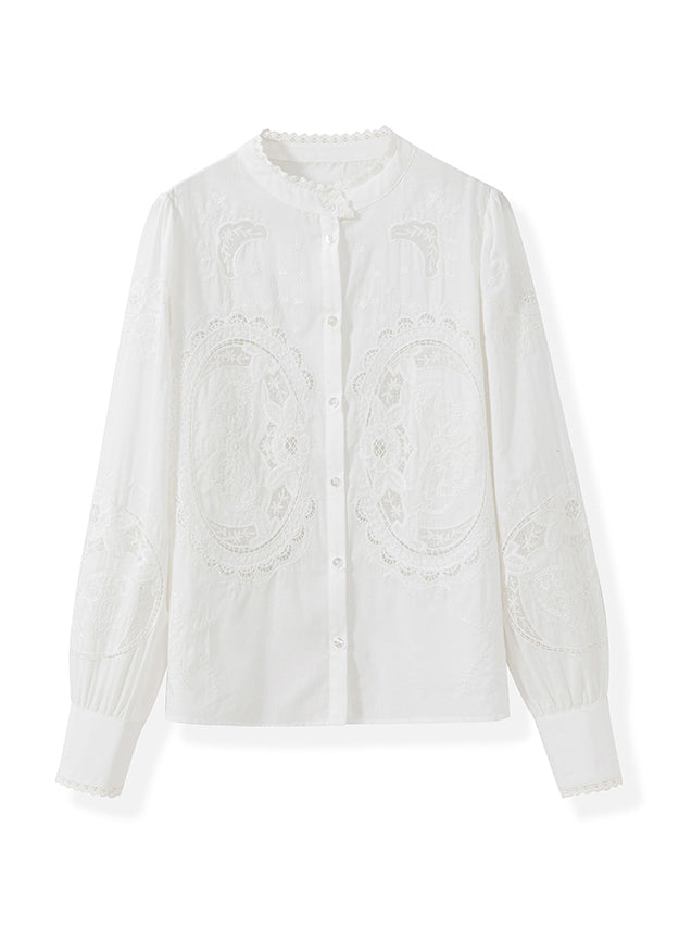 Italian White Stand Collar Embroidered Cotton Shirt Top Fall