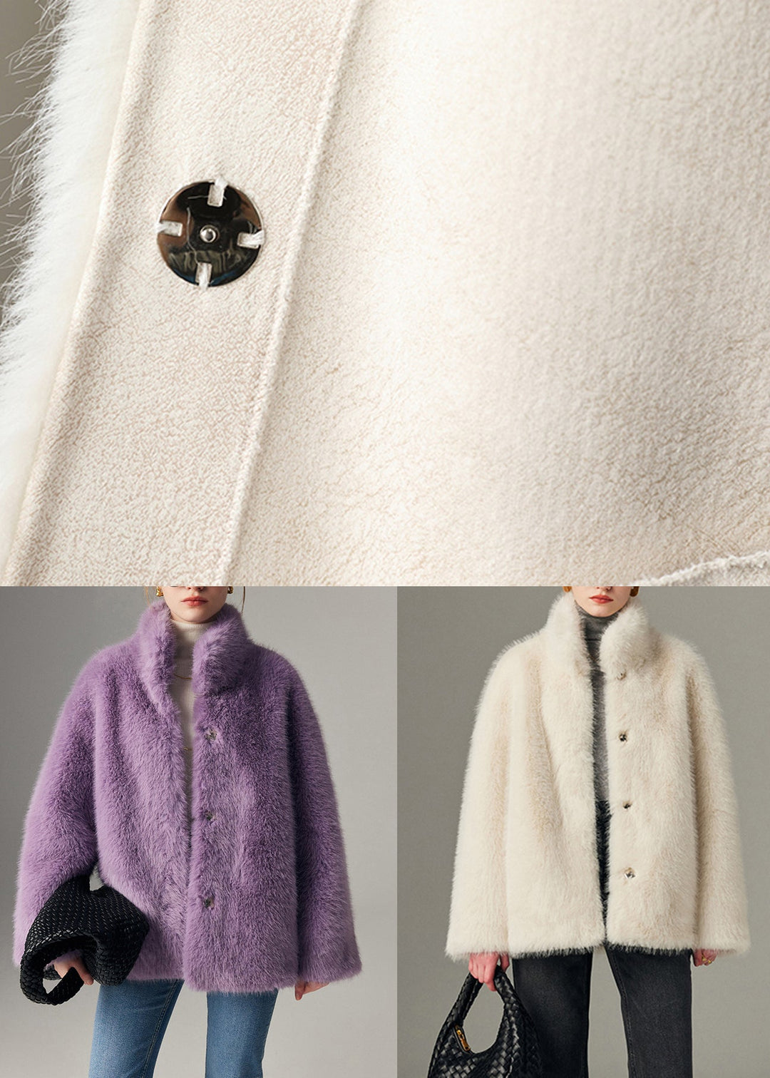 Italian White Stand Collar Pockets Leather And Fur Coat Winter