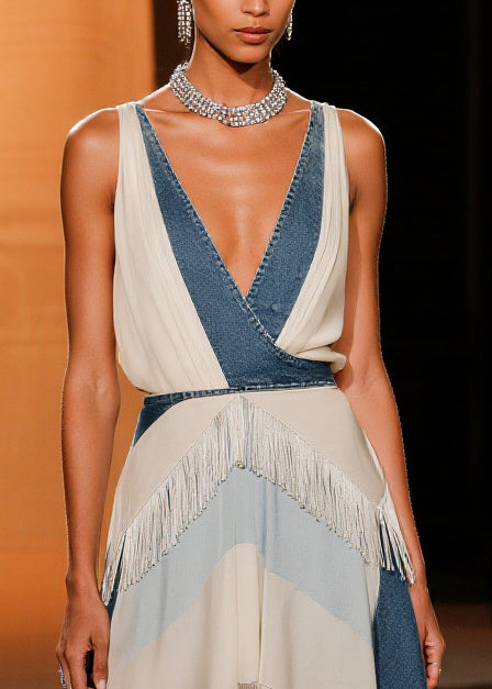 Italian White Tasseled Denim Patchwork Low High Design Dress Summer