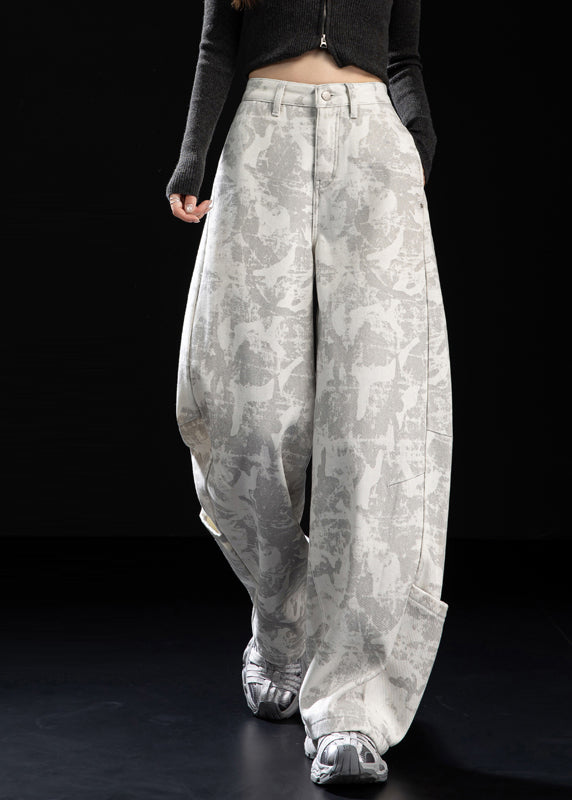 Italian White Tie Dye Patchwork Pockets Warm Fleece Pants Winter