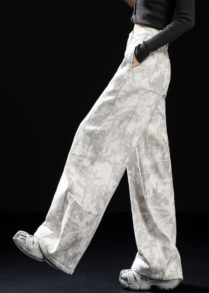 Italian White Tie Dye Patchwork Pockets Warm Fleece Pants Winter