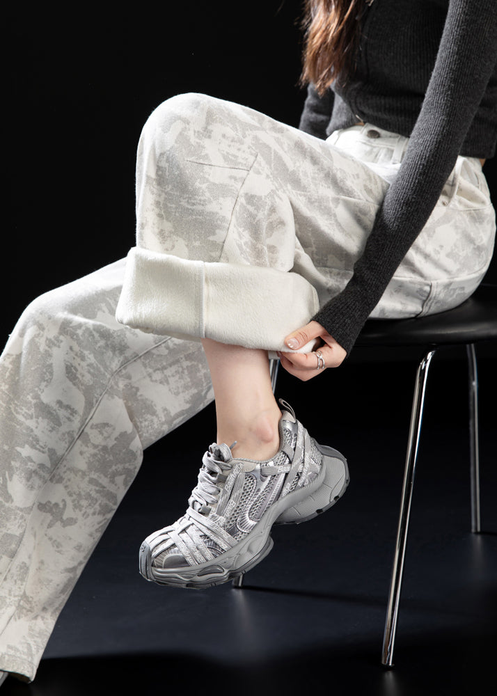 Italian White Tie Dye Patchwork Pockets Warm Fleece Pants Winter