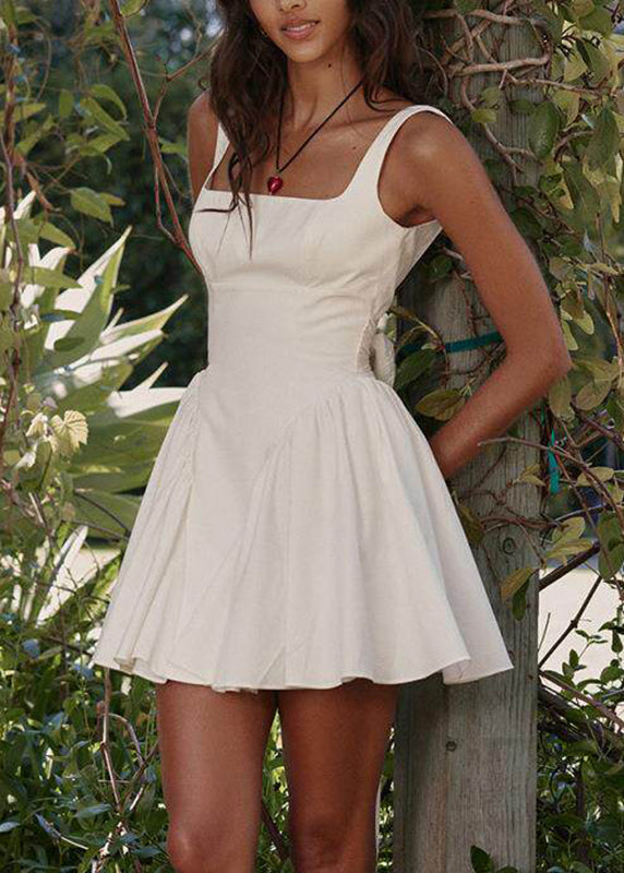 Italian White Tie Waist Bow Mid Spaghetti Strap Dress Sleeveless