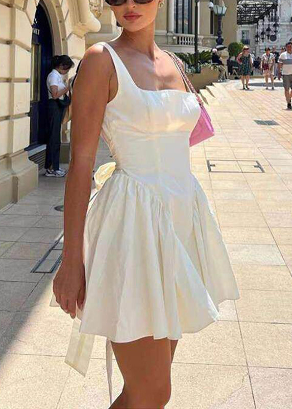 Italian White Tie Waist Bow Mid Spaghetti Strap Dress Sleeveless