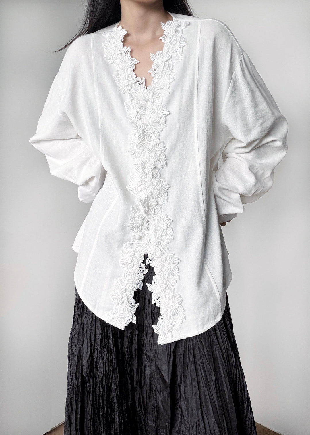 Italian White V Neck Embroidered Cotton Shirts Fall
