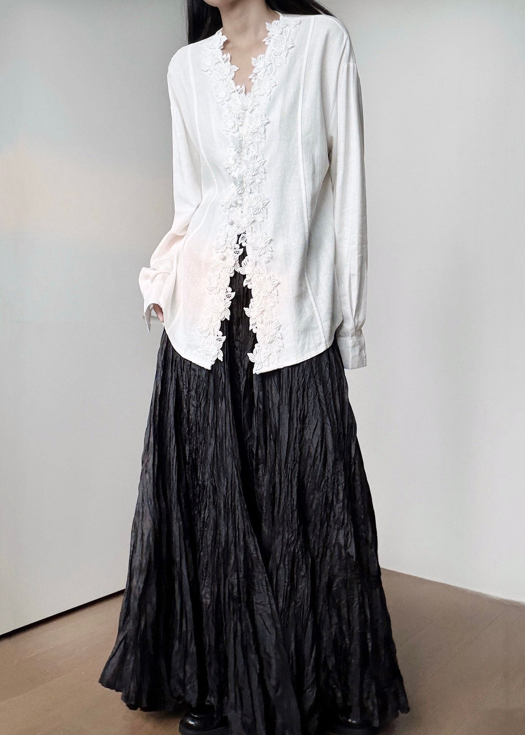 Italian White V Neck Embroidered Cotton Shirts Fall