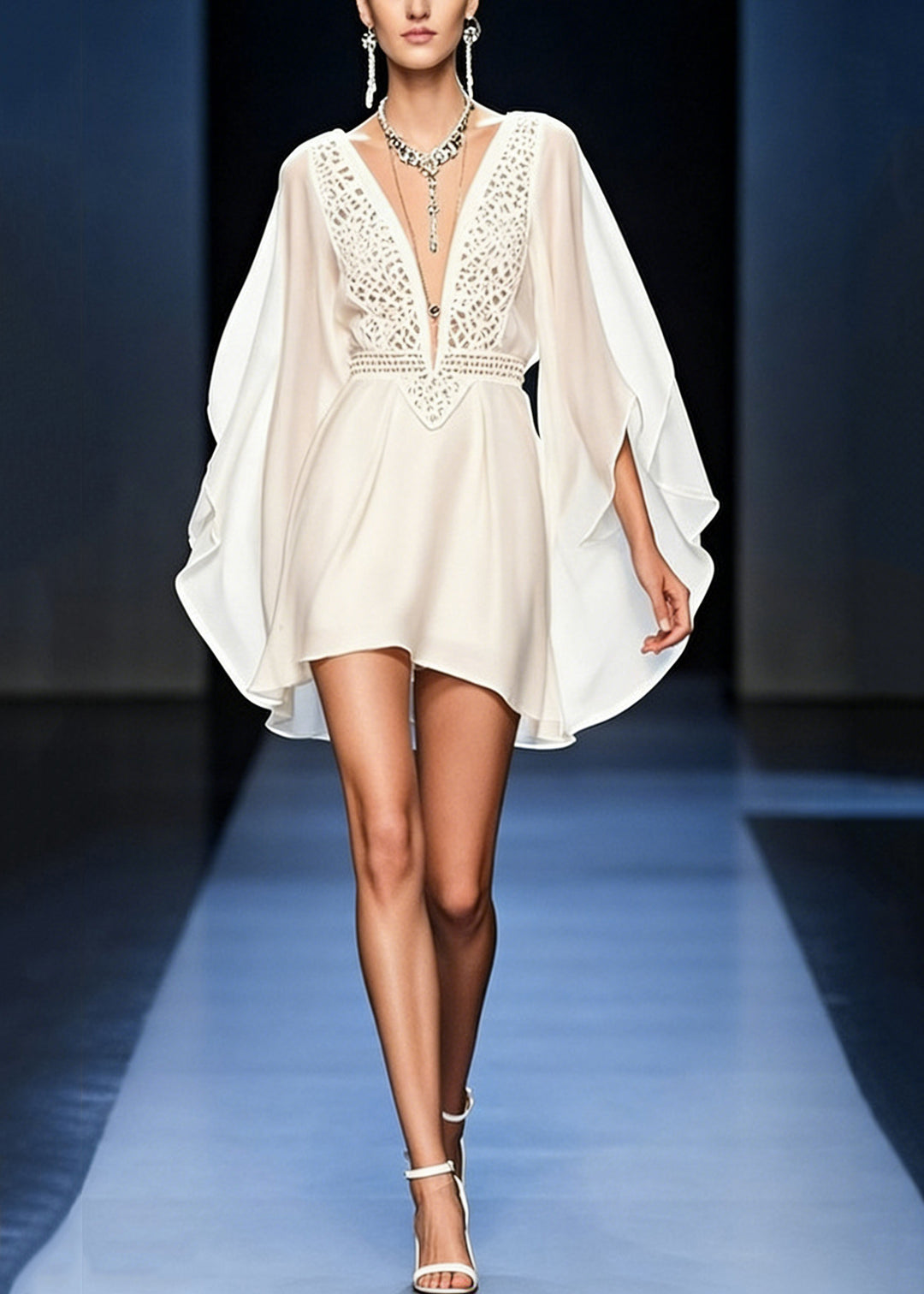 Italian White V Neck Hollow Out Chiffon Mid Dress Batwing Sleeve