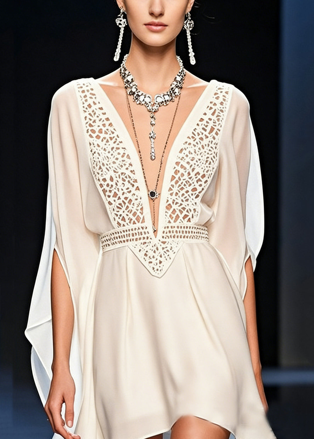 Italian White V Neck Hollow Out Chiffon Mid Dress Batwing Sleeve