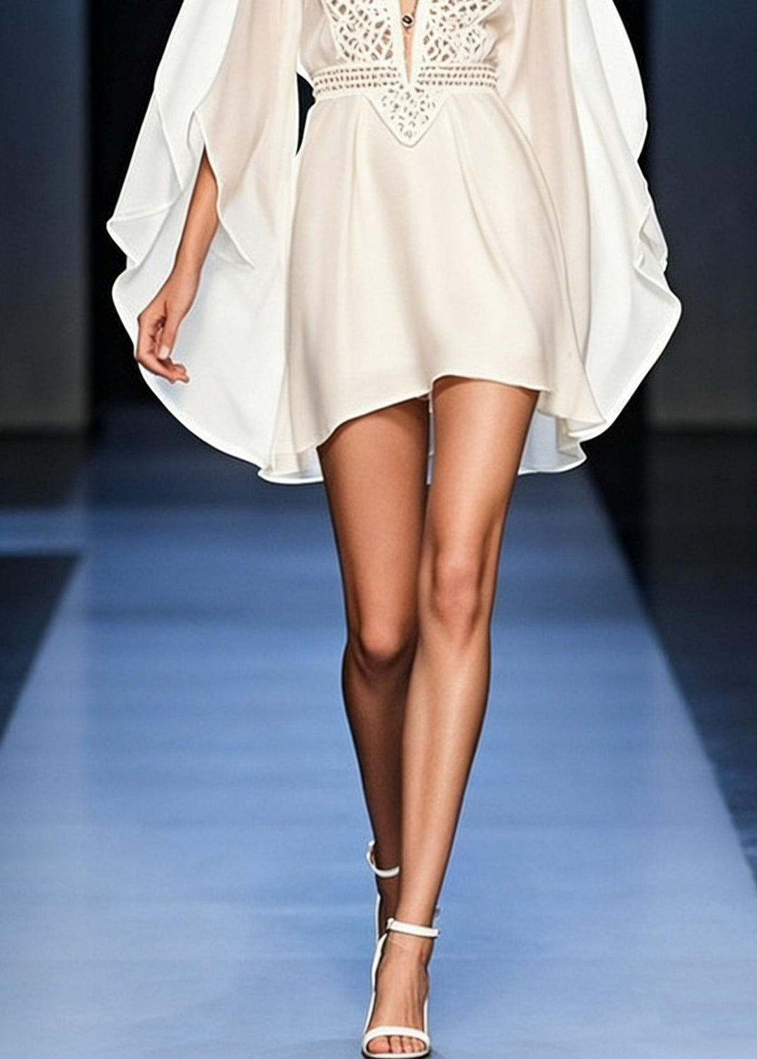 Italian White V Neck Hollow Out Chiffon Mid Dress Batwing Sleeve