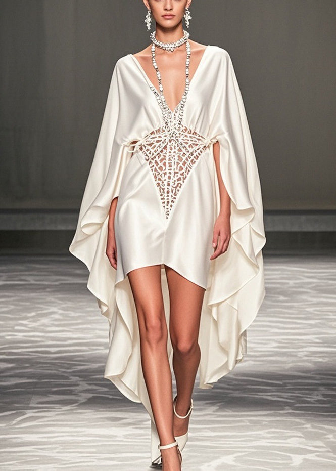 Italian White V Neck Hollow Out Hollow Out Silk Party Dress Spring