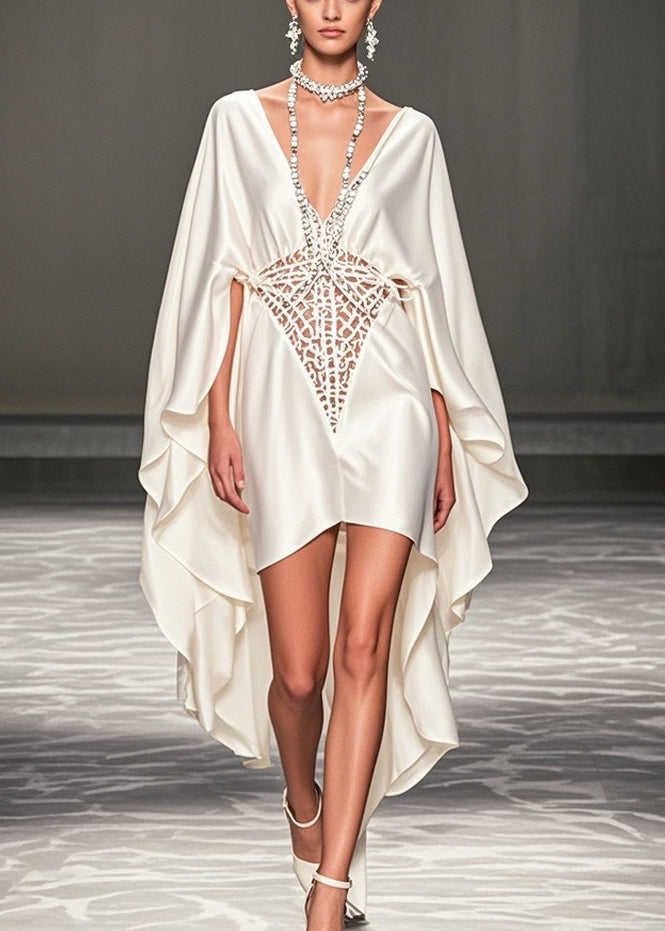 Italian White V Neck Hollow Out Hollow Out Silk Party Dress Spring