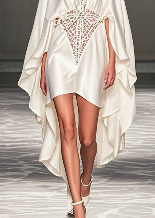 Italian White V Neck Hollow Out Hollow Out Silk Party Dress Spring