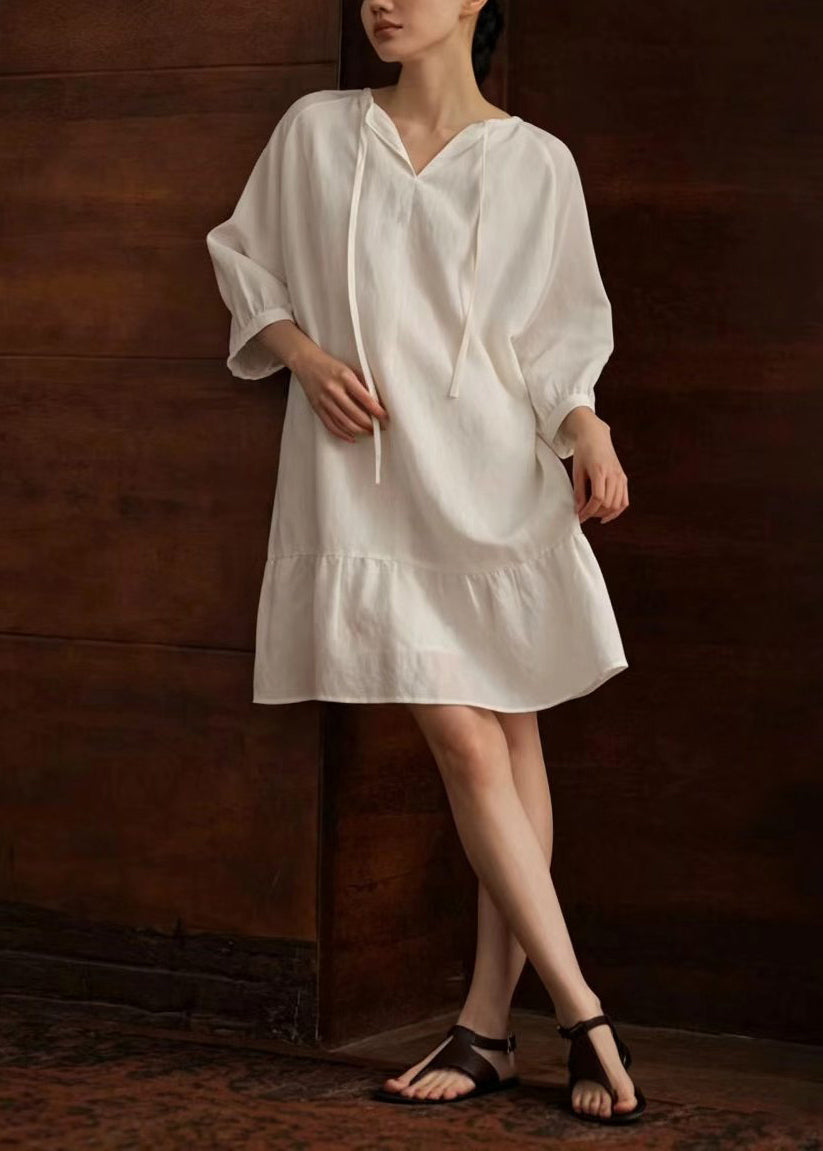 Italian White V Neck Lace Up Vacation Dress Summer
