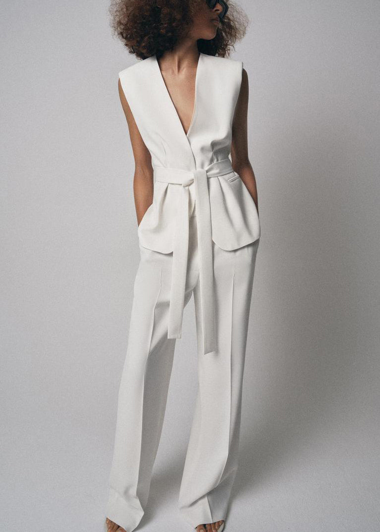 Italian White V Neck Lace Up Waistcoat And Pants Spandex Two Pieces Set Sleeveless