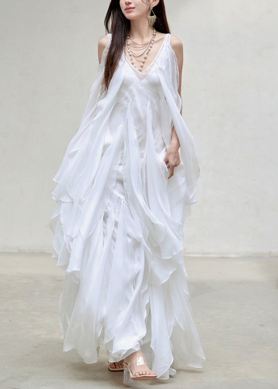 Italian White V Neck Layered Ruffled Silk Long Dresses Sleeveless